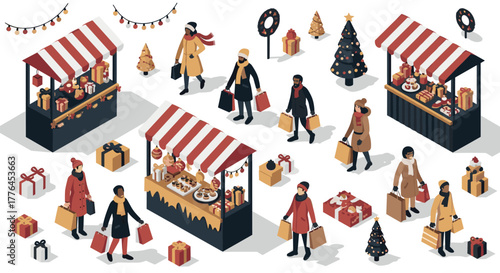 Festive holiday market scene with shoppers and food stalls in winter wonderland