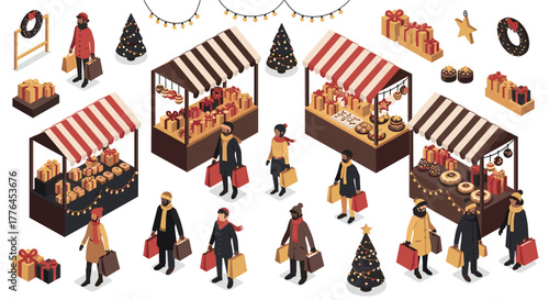 Festive holiday market scene with shoppers in isometric style