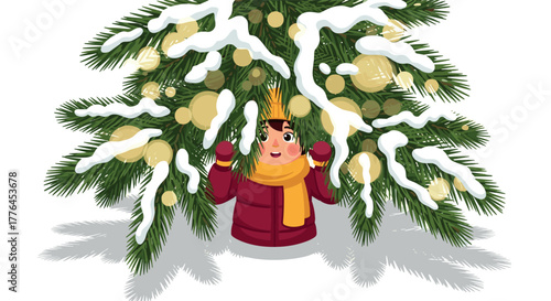 Child discovering winter magic under snowcovered pine tree