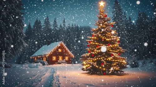 Video vintage Christmas New Years greeting card with winter scene in countryside. House rooftop covered with snow decorated fir trees golden garland lights. Calm magical mood