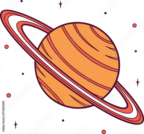 Orange planet with rings and cosmic elements, isolated graphic