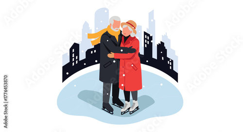 Elderly couple ice skating in winter cityscape with falling snow