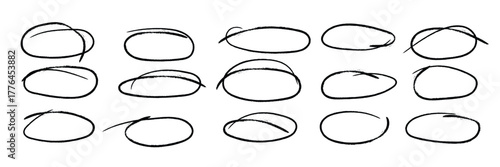 Hand sketched oval shapes made with marker and brush pen. Vector collection of outline highlights, scribbled circles, and ellipse drawings. Abstract geometric frames and freehand round outline element