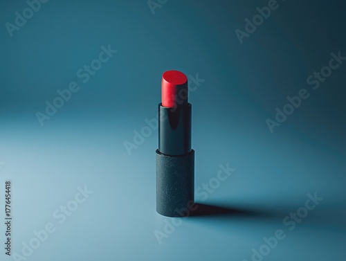 Minimalist shot of a vibrant red lipstick tube on a clean, serene blue background
