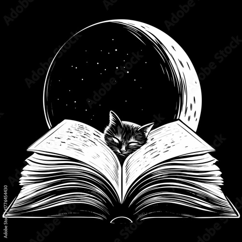 Cat sleeping on an open book with moon in the background concept of icon  