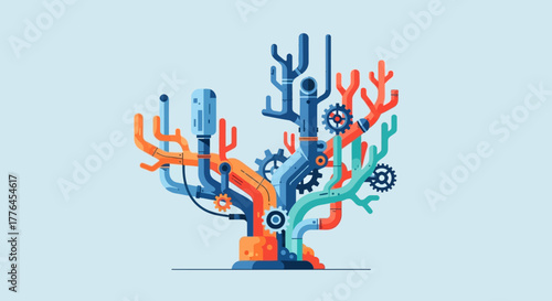 Abstract Mechanical Tree with Gears and Colorful Branches.