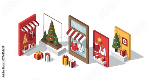 Festive isometric christmas storefronts with gift displays and decorated trees