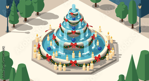 Festive holiday fountain with tiered waterfalls and seasonal decorations in winter park
