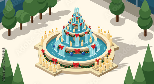 Festive isometric christmas fountain with ornaments and candles in park setting