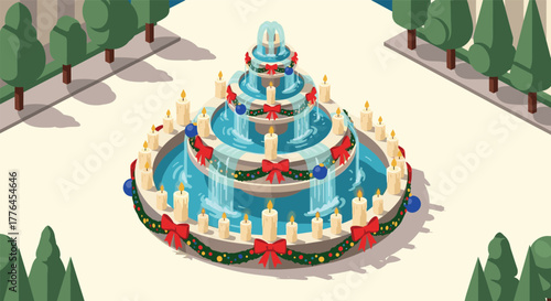 Festive christmas fountain with candles and bows in a park setting