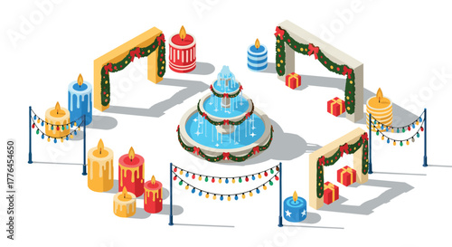 Christmas candle display with festive fountain and holiday decorations in isometric style