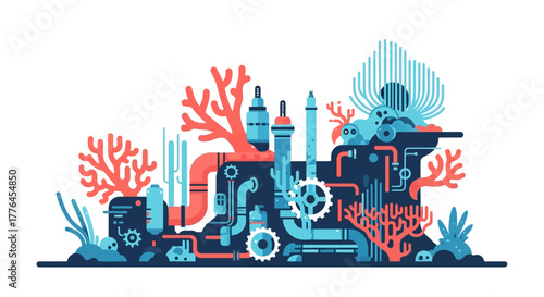 Abstract underwater industrial machine with coral growth.