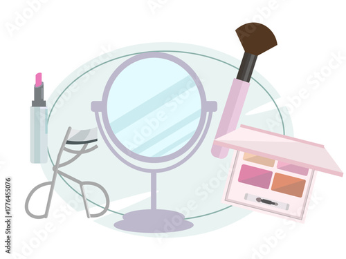 メイク用品のイラスト素材セット。メイク道具。化粧品。ベクターイラスト