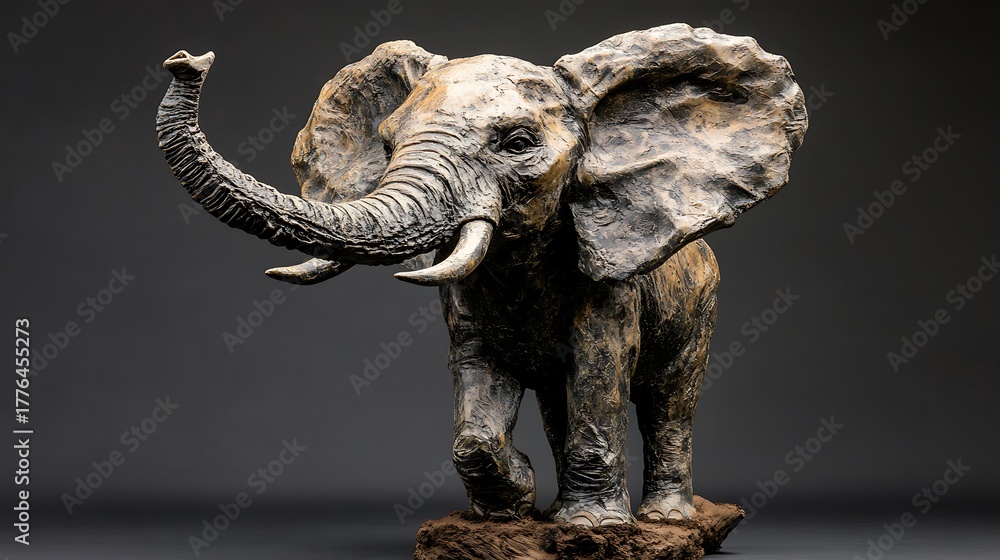 Fototapeta premium Bronze elephant sculpture with raised trunk and large ears.