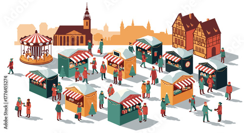 Festive winter market scene with stalls and carousels in european town