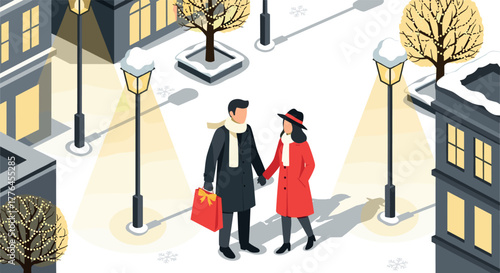 Romantic winter walk couple holding hands in snowy city at night