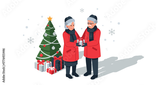 Elderly couple in red coats exchanging gifts beside christmas tree