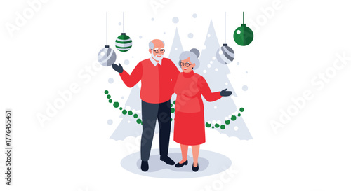 Elderly couple enjoying festive holiday season with christmas ornaments