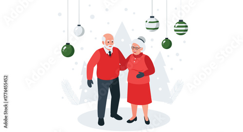 Elderly holiday cheer couple in festive red with green ornaments