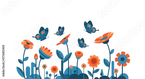 Blue butterflies fluttering above a field of stylized orange flowers.