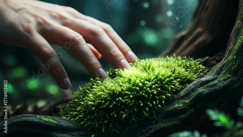 A gentle hand touches vibrant green moss in a magical forest setting.
