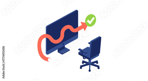 An illustrative isometric depiction of a successful digital workflow or task completion process, featuring a computer monitor and an office chair.