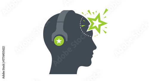 A stylized graphic depicting a person's head with headphones, representing an awakening of creativity, focus, or an innovative solution.
