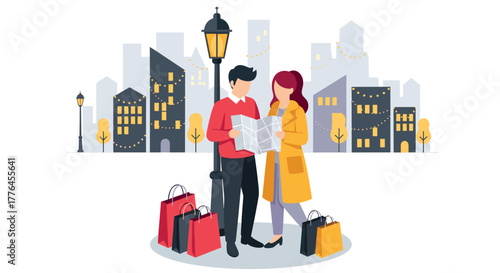 Couple exploring cityscape in autumn with shopping bags and map