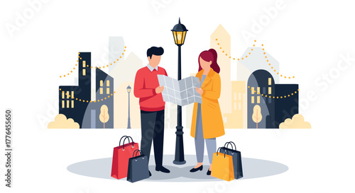 Urban exploration couple checking map amid cityscape