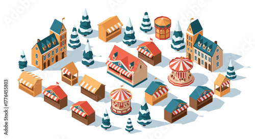 Festive winter village with carousel and decorative trees in isometric style