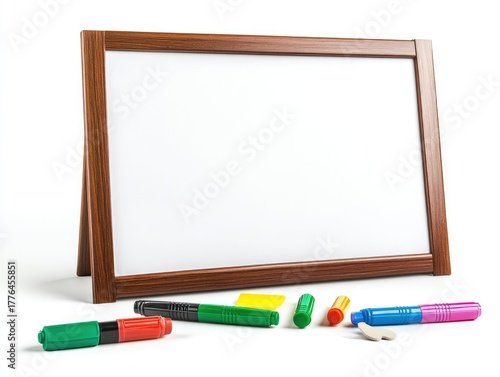Stationery whiteboard with colored markers for drawing isolated on white surface