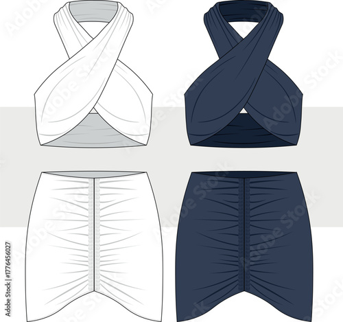 Woman chic mini skirt and crop top fashion technical drawing, illustration.  Party dress with gathered front sleeveless fashion design, vector. Cad, Mockup set.