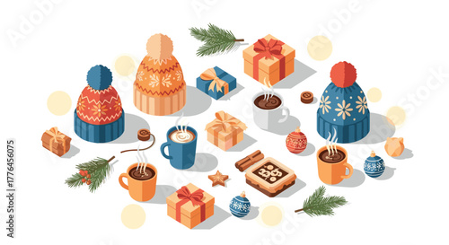 Cozy winter theme with warm hats, hot cocoa, and gift boxes in isometric style