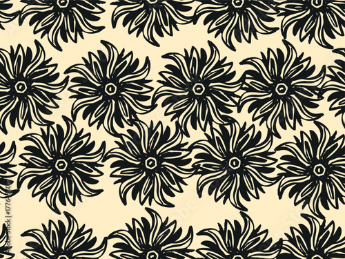 Stylized black flower pattern on beige background, ideal for fabric, wallpaper, and digital design projects needing a vintage organic feel. vector and illustration