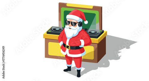 Cool dj santa claus spinning records in isometric style holiday party scene