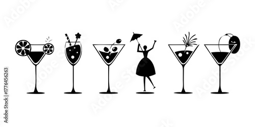 Elegant Cocktail Silhouettes. Minimalist Icons for Event Invitations and Party Decor.
