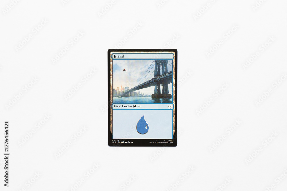 Obraz premium Bradford, UK Nov 3 2025 Basic Land Island Spider-man card magic the gathering card shot isolated on a white paper background.