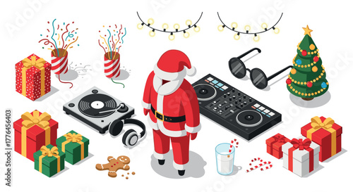 Festive santa dj scene with gifts and christmas decorations in isometric style