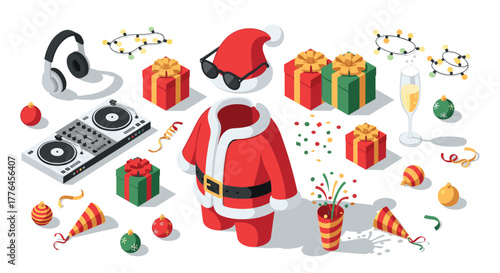 Festive santa dj with gifts and holiday decor in isometric style