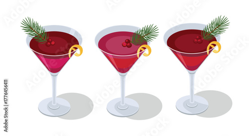 Festive cranberry cocktails with lemon twist and pine garnish in isometric design