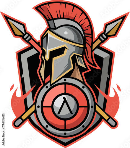 Spartan Legion Logo Vector Illustration – Helmet, Shield, Lambda Emblem, Spears, and Flames Esport Badge Design