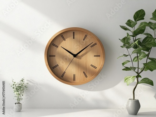 Wooden clock with minimalist design and plant against a white wall background