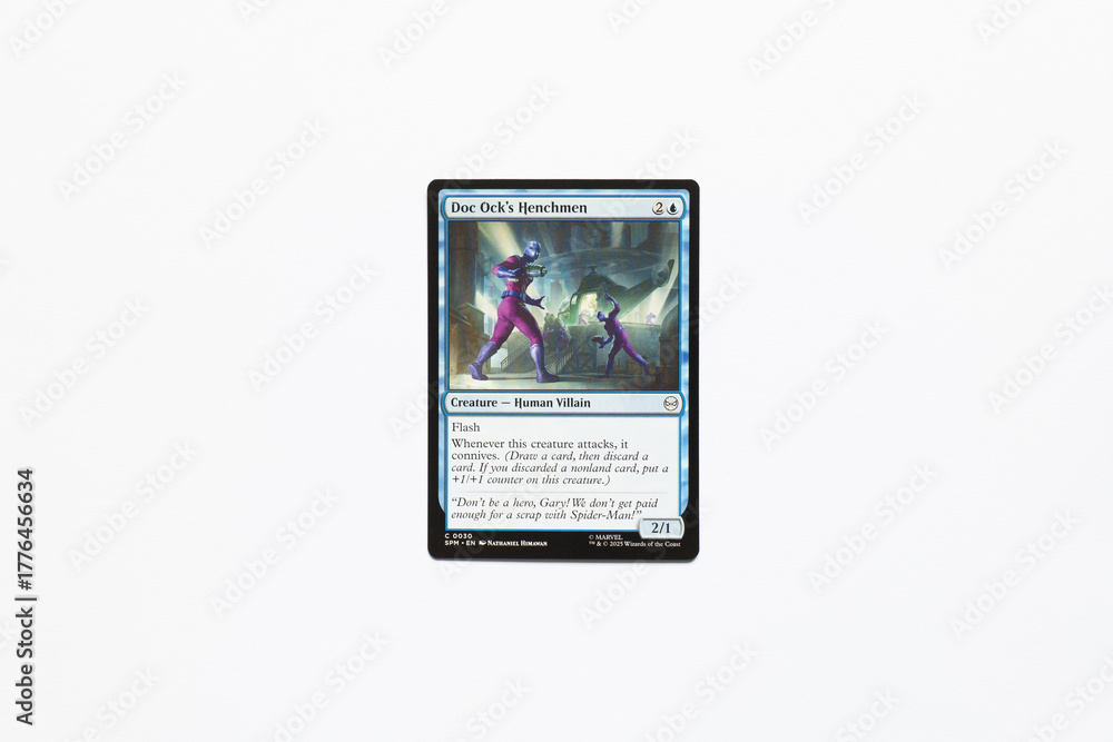 Obraz premium Bradford, UK Nov 3 2025 Doc Ock's Henchmen magic the gathering card shot isolated on a white paper background.