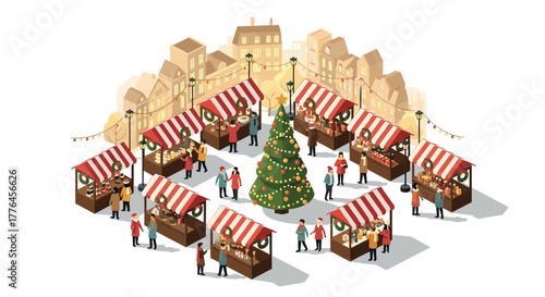 Festive winter market scene with christmas tree and decorated stalls in city setting