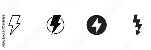 Lightning outline, circle bold bolt, solid thunder emblem, zigzag black arrow icon set, electricity vector illustration, minimal electric art.