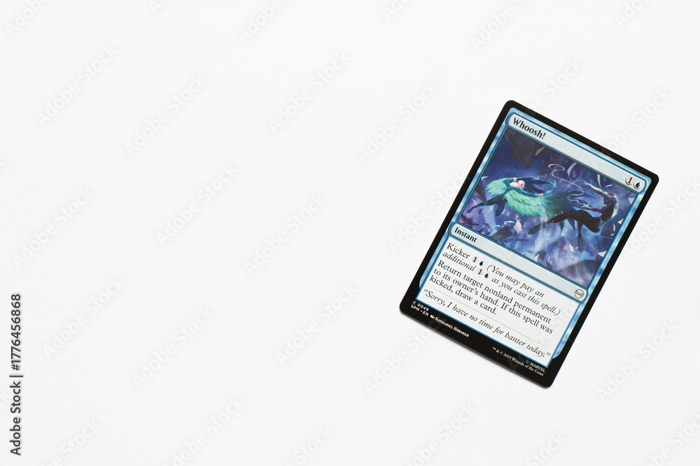 Naklejka premium Bradford, UK Nov 3 2025 Whoosh! card from the Spider-man magic the gathering card game shot isolated on a white paper background.