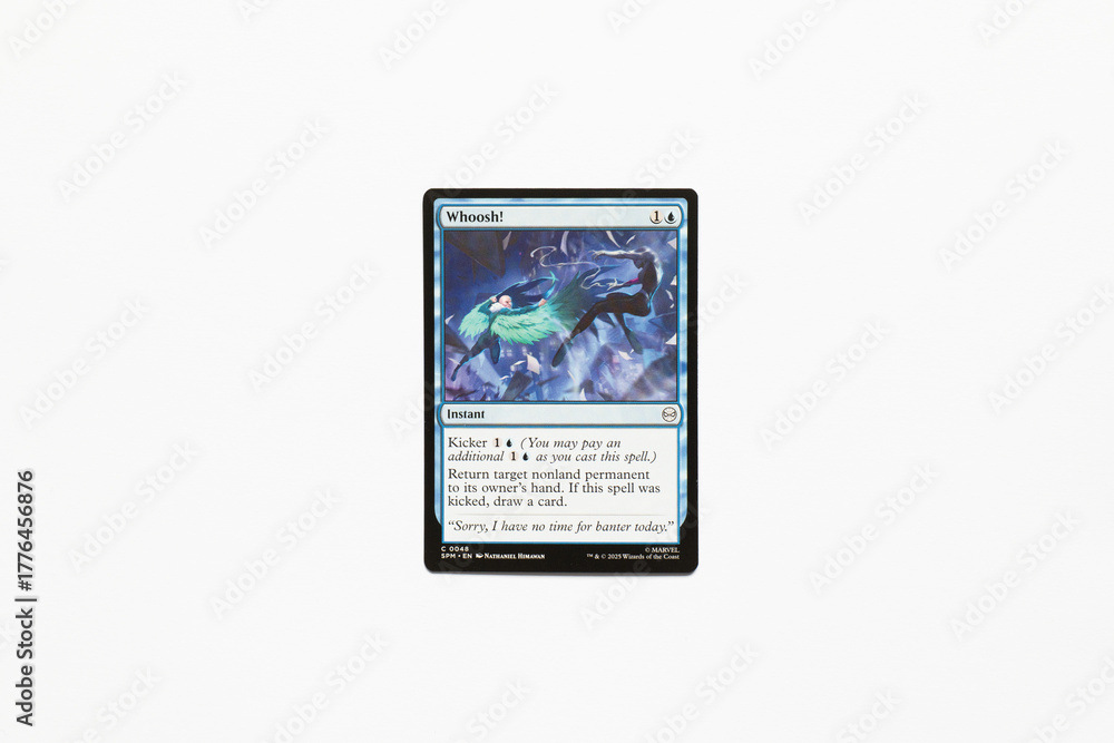 Obraz premium Bradford, UK Nov 3 2025 Whoosh! card from the Spider-man magic the gathering card game shot isolated on a white paper background.