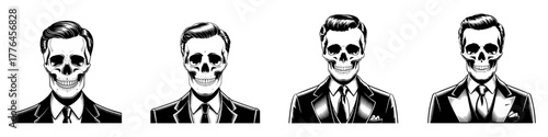 A stylish skeleton dressed in a formal suit and tie. A black and white graphic of a skull with a business attire look for a cool and edgy design concept.