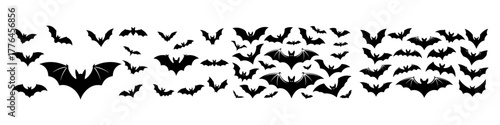 A large set of black bat silhouettes flying in a flock. Spooky and nocturnal animal shapes perfect for Halloween decorations, horror themes, and wildlife designs.