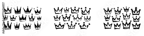 A collection of hand drawn crown icons in a graffiti sketch style. Royal symbols of power, monarchy, and leadership. Set of king and queen doodle illustrations.